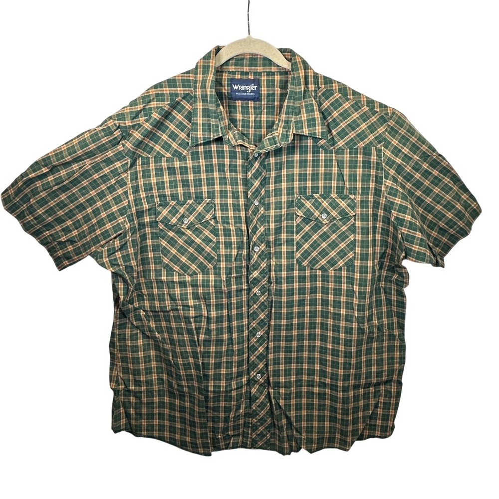 Wrangler Western Mens Green Orange Plaid Short Sleeve Pearl Snap Shirt 2XL